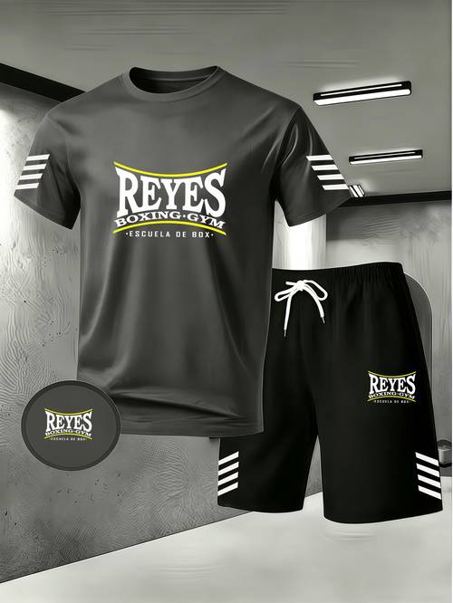 boxing gym themed print quick dry athletic set mens style short sleeve and drawstring shorts 2pcs outfit hardcore athletic casual wear