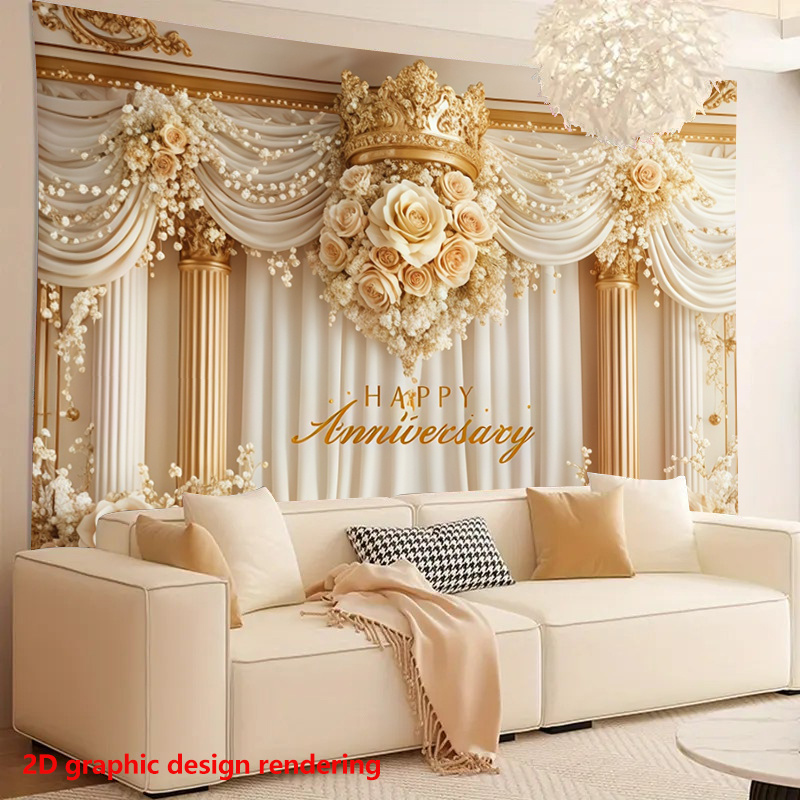 TEMU 2d Flat, 1pc 2d Flat Anniversary Backdrop With Yellow Tulle, Beige Roses, And A Design - Suitable For Living Room, Bedroom, Office, And Outdoor