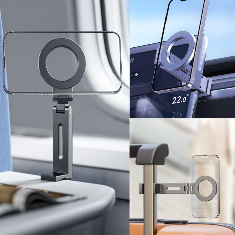 Magnetic Airplane Phone Holder Travel Essentials, Universal Handsfree Airplane Accessories, Travel Must Haves 360 Degree Rotation Plane Phone Mount For IPhone 15 14 13 12 & All Phones (Grey
