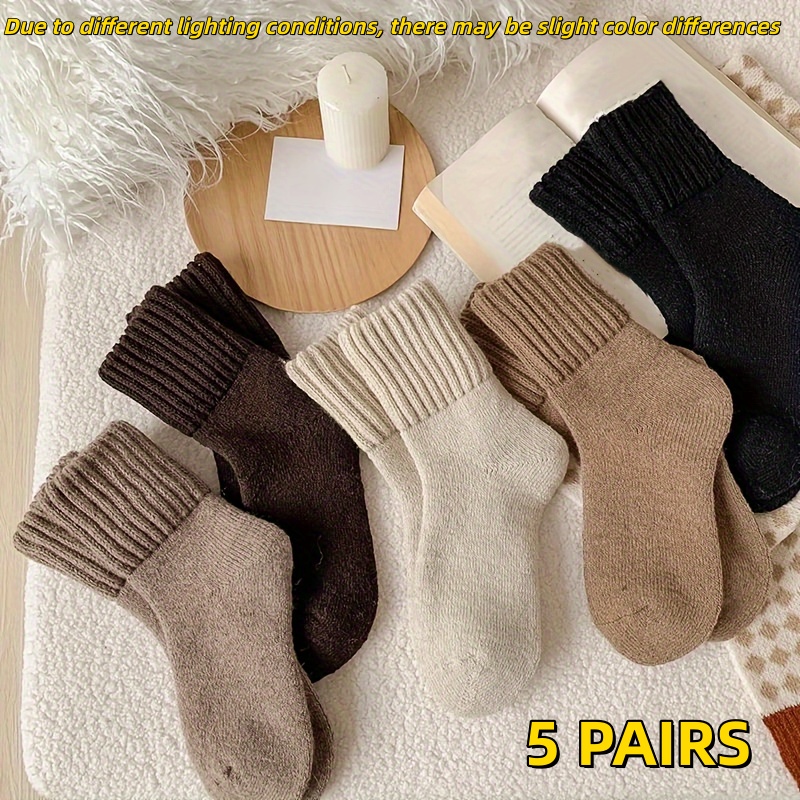 TEMU 5 Pairs Thickened Women's Mid-calf Warm Socks, Winter Extra Thick Snow Socks, Solid Color Versatile Outdoor Wear Trendy Socks