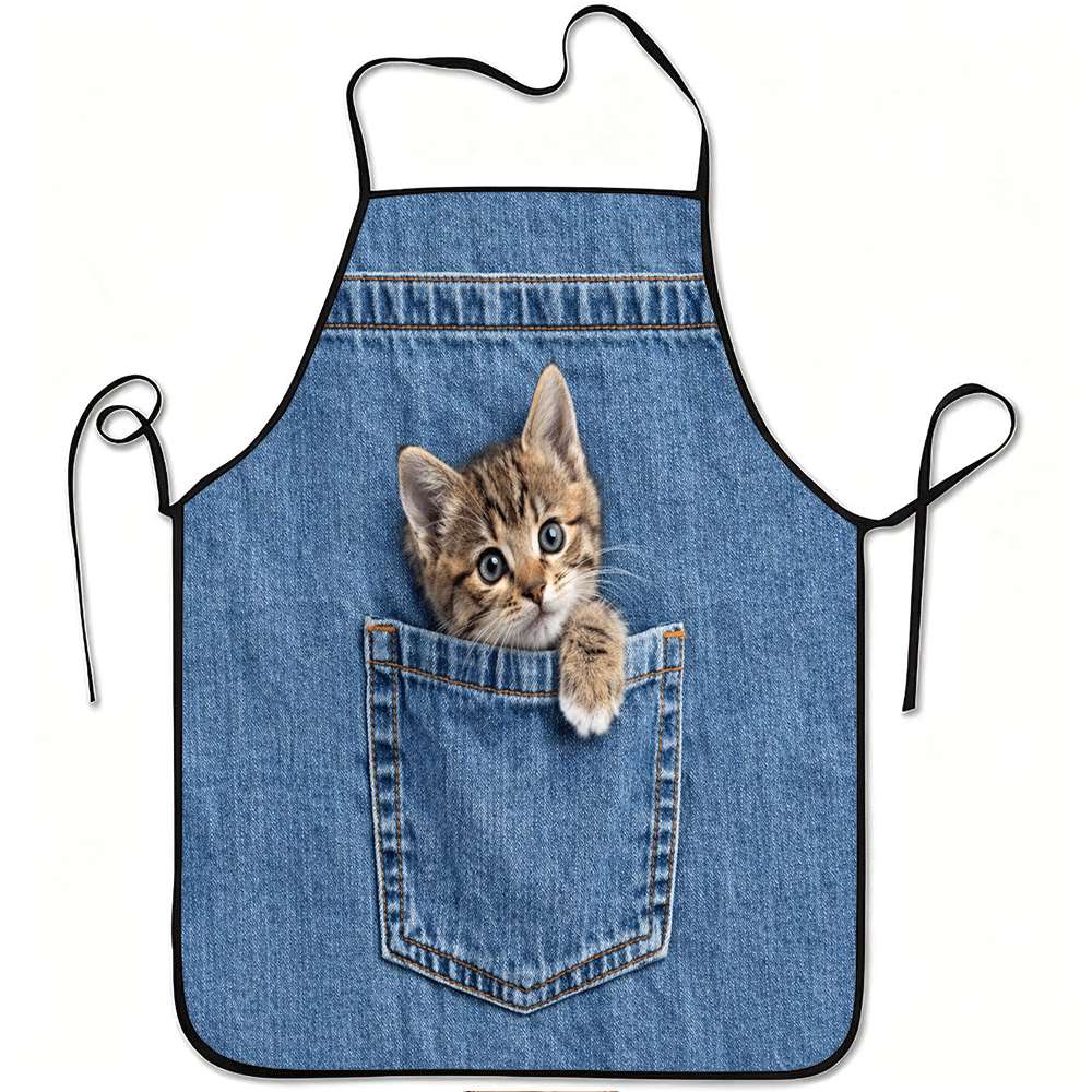TEMU 1 шт. Милий джинсовий фартух з принтом котят, міцний і простий у догляді, регульована зав'язка на талії, поліестеровий матеріал, підходить для