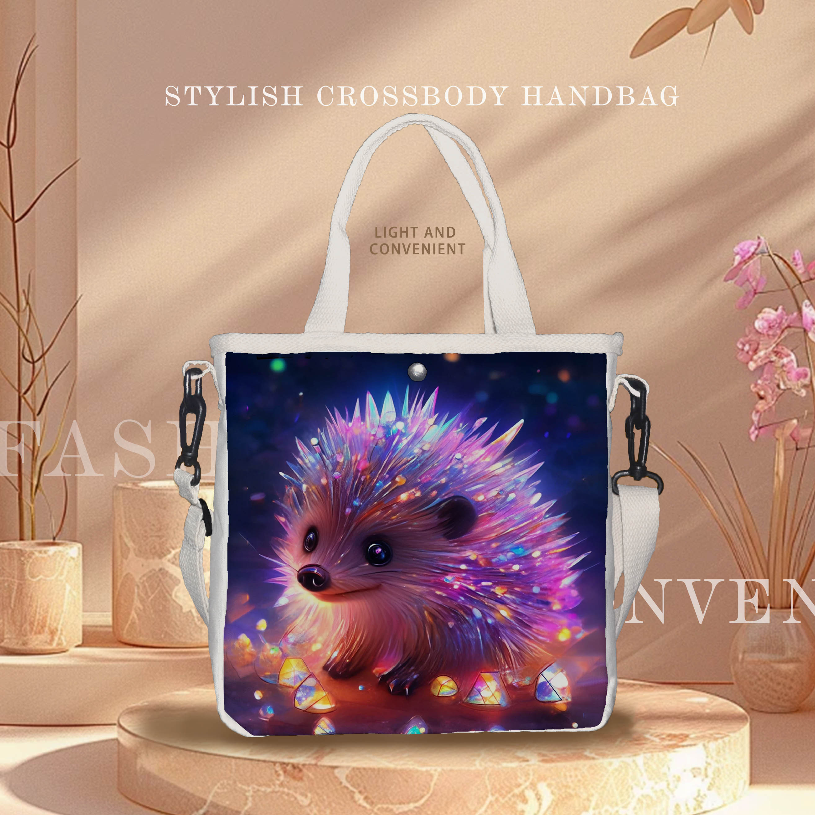 

Hedgehog Print Canvas Tote - Stylish & Lightweight With Metal Snap Closure, Adjustable Detachable Shoulder Strap, Foldable For Easy Carry - Casual