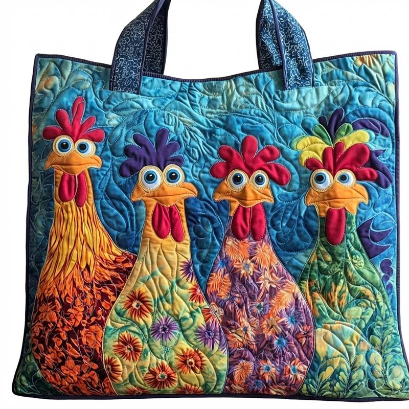 TEMU Farm Rooster Quilted Tote Bag, Colorful Floral Chicken Large Capacity Shoulder Handbag, For Grocery Shopping, Travel, Beach, Weekend Outdoor &