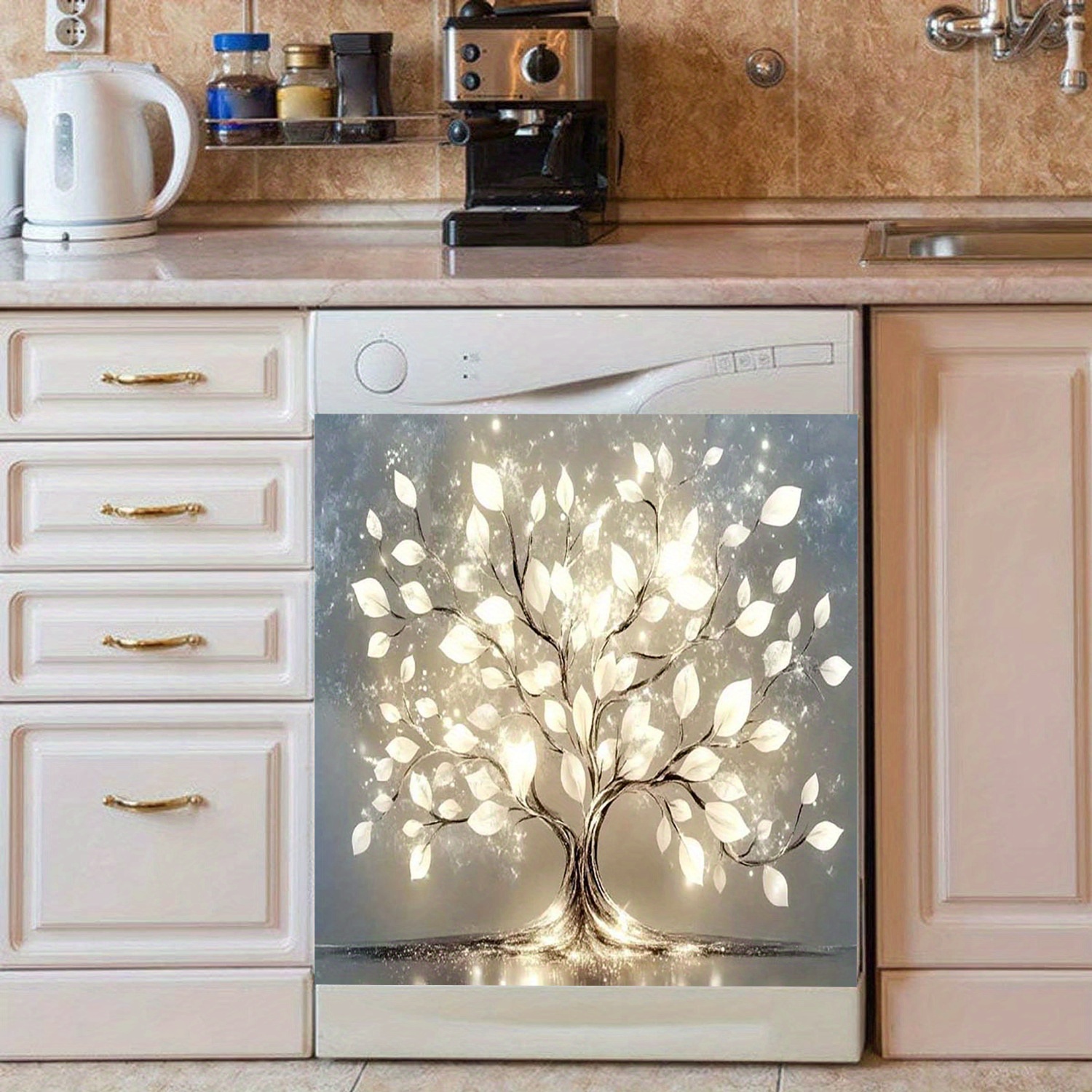 Glowing White Tree Dishwasher Cover - Vinyl 2d Pattern, Ideal For Garden-themed Rooms, Conservatories, Meditation Spaces & Rustic Home Decor, 23.03 X 25.59 Inch, Decoration | Decorative Appliance |