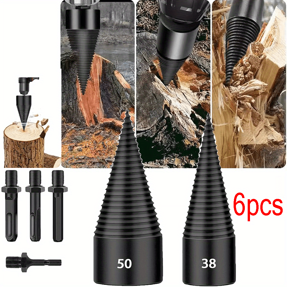 Firewood Log Splitter Drill Bit Set – 32mm & 50mm Cones With 4 Handles (Round, Square, Hex), For Electric Drills 750W+