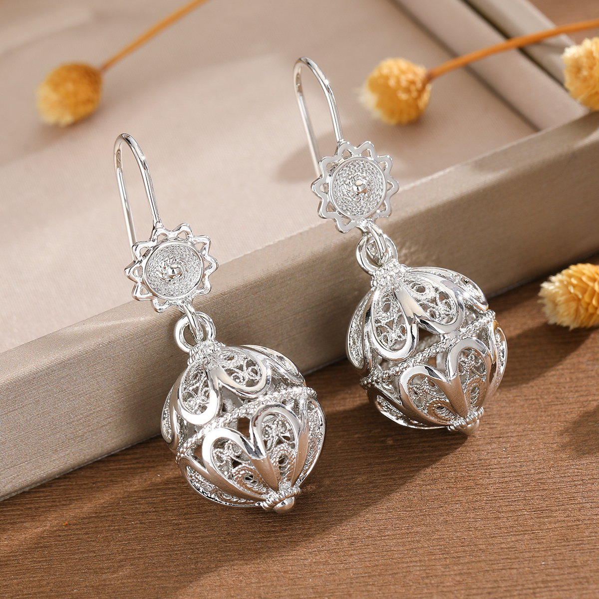 Women's Retro Hollow Filigree Spherical Pendant Earrings Gift