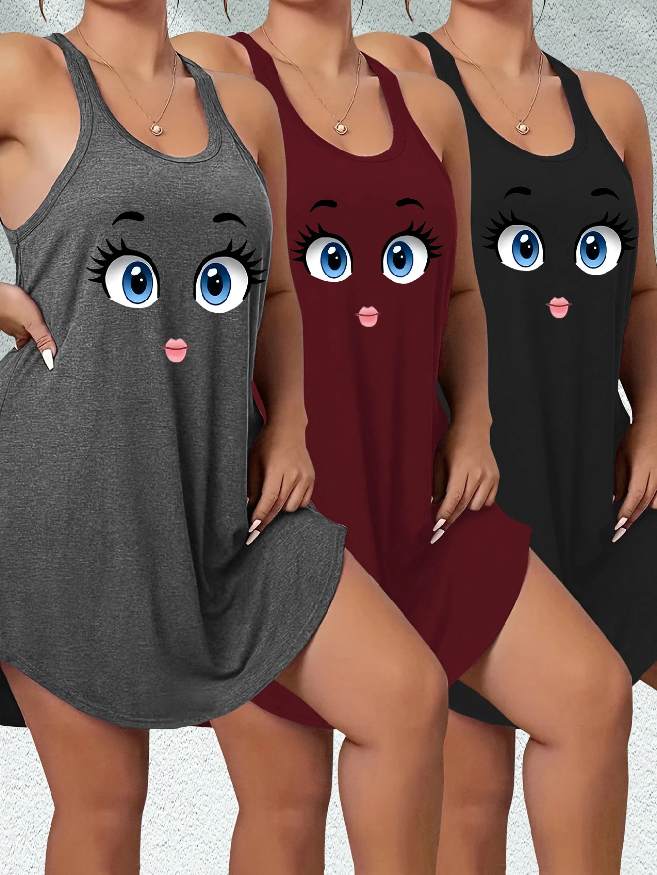 3pcs plus size womens tank dresses cute cartoon face print - Temu, image size:800x1066