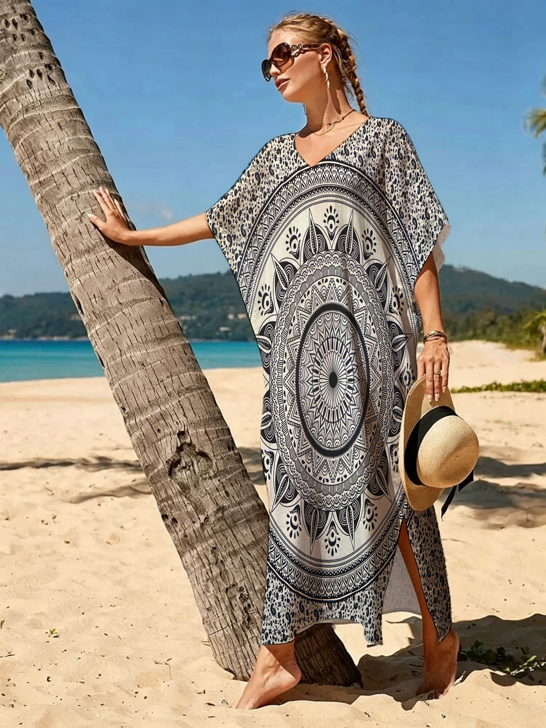 beach kaftan dress pattern Women's Printed Long Kaftan Caftan Dress Swimsuit Beach Cover Up Plus main image 0
