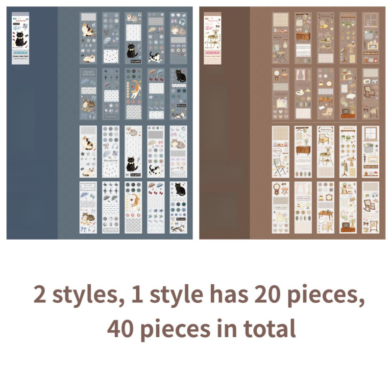 Image of 2 Styles, 40 Sheets Each Vintage Die Cut Sticker Books Featuring Picnic, Dessert, Plant Flower, Cat Patterns. Made Pet Washi Paper, Minimalist Style, Self Adhesive, Planner Decoration Sticker Pack