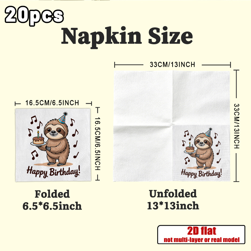 TEMU 2d Flat 20pcs, Adorable Sloth Birthday Party Patterned Tissue Paper Guest Hand Towels Decorative Paper, Spring Summer Picnic, Wedding Birthday