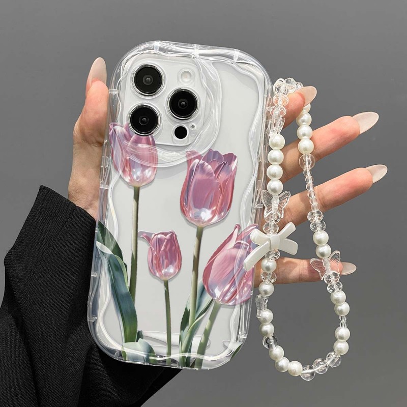 Image of Phone Case: Elegant Metallic Tulip Print Phone Case, Wavy Border Cushion Reinforced Protection, Back, Smooth Hand-feel, Delicate Premium Look, Case, No Bracelet, For Family, , , For Iphone 11-17 Pro