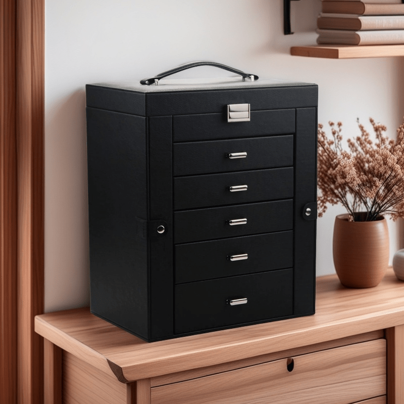 6 layer black   leather jewelry storage box with   removable drawers   elegant organizer for bracelets watches rings necklaces earrings jewelry box Product details 0