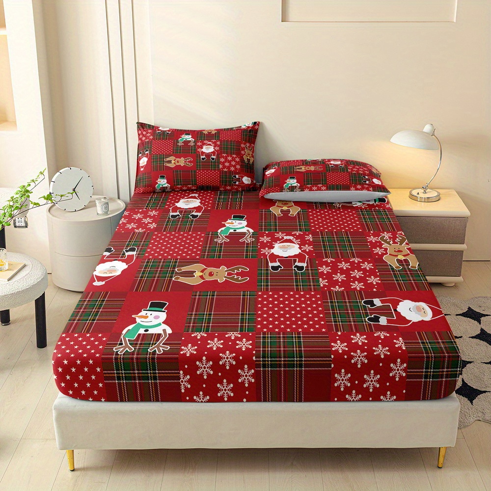 TEMU 3pcs Christmas Gift Printed Fitted Sheet Set, Queen Mattress Protector, Double Bed Mattress Protector, King Bedding Set, Polyester Machine
