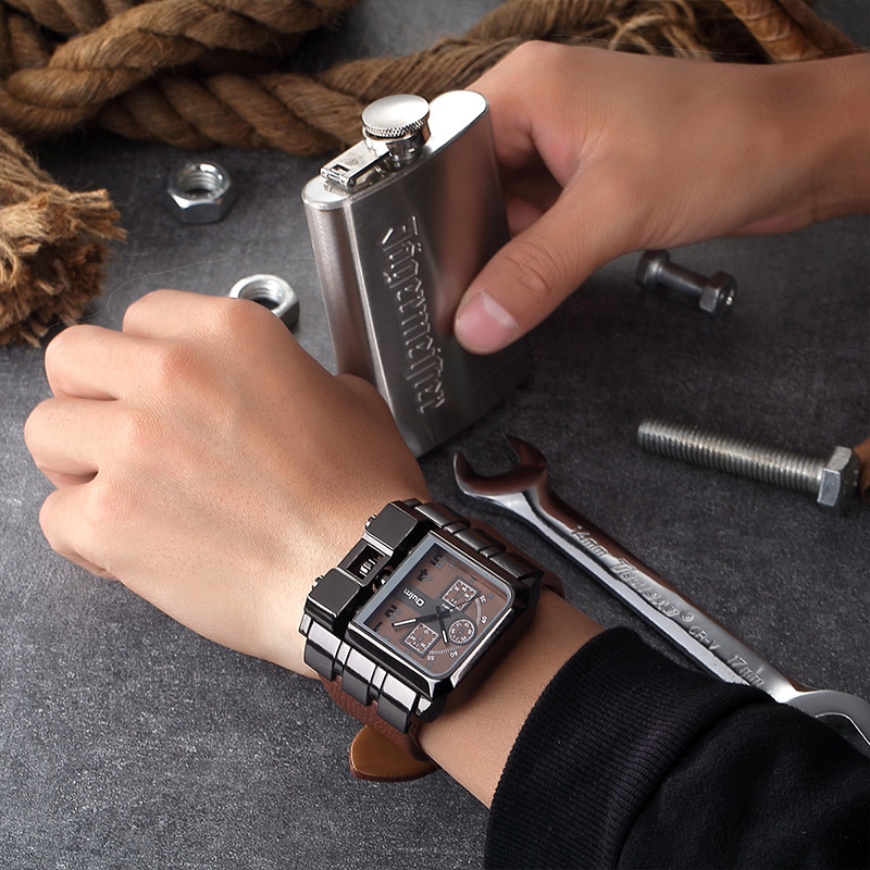   brand 3364   square men wristwatch wide big dial casual   leather strap watch male sport watches without battery details 8