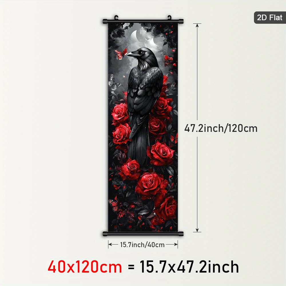 TEMU 1pc Framed Hanging Scroll Poster - Anime Manga Gothic Aesthetic Crow & Red Roses Art Print, Plastic Frame Vertical Wall Hanging Scroll Suitable