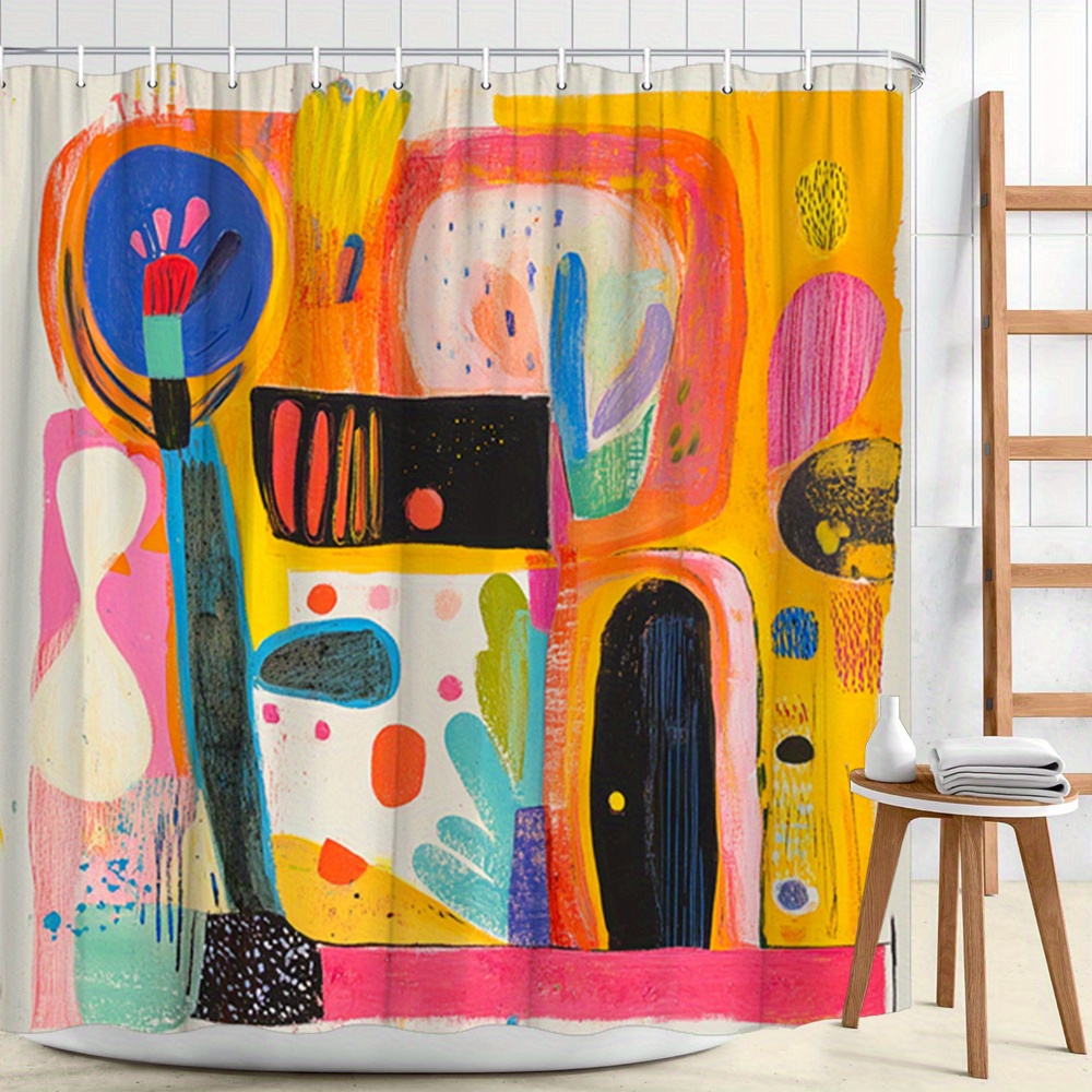 TEMU 1pc Abstract Shower Curtain - Colorful Floral Shapes Modern Bathroom Decor, Polyester Fabric With 12 Hooks, 70.8x70.8 Inch, Machine Washable &