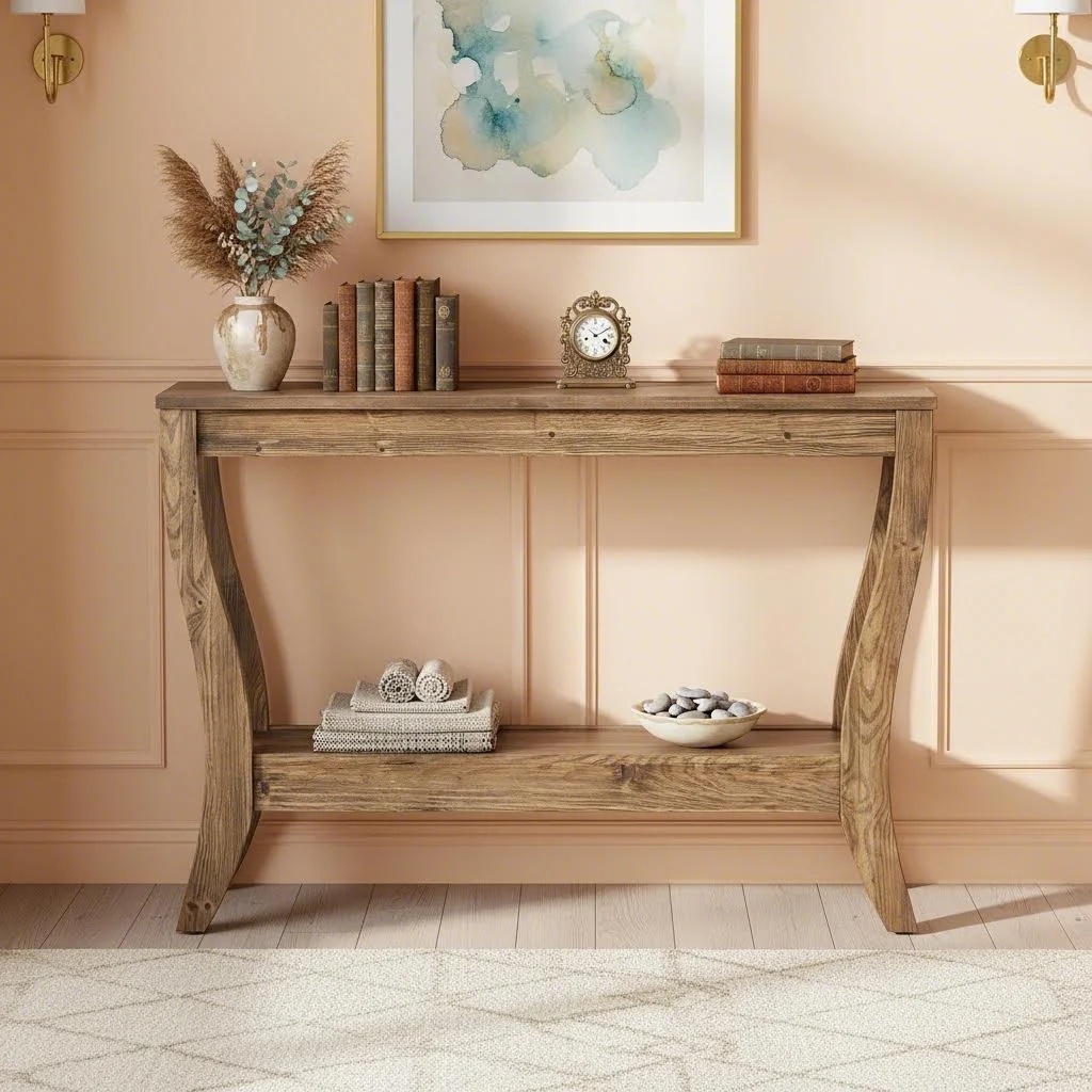 41.3-inch Solid Wood Console Table With Storage Shelf, 2-tier Farmhouse Entryway Sofa Table For Living Room Hallway Foyer, Brown (1pc)