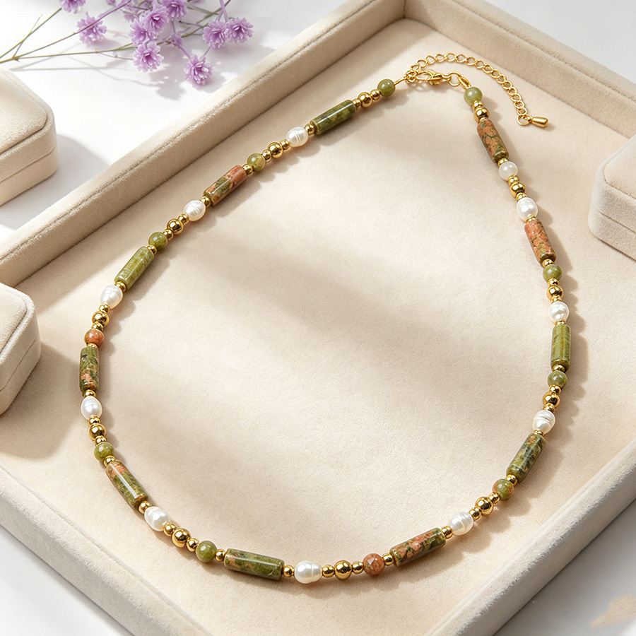 Women's Minimalist Cylinder Bead Necklace with Golden Accents