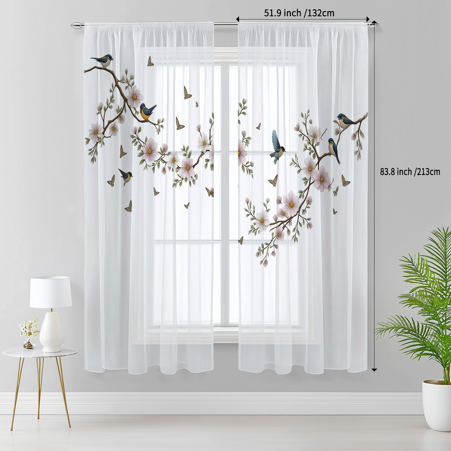 TEMU 2-pack, , On Branch, Elegant, Semi-transparent Polyester Fiber Material, Rod Pocket Sheer Curtain, Home Window Decor, Suitable For Kitchen,