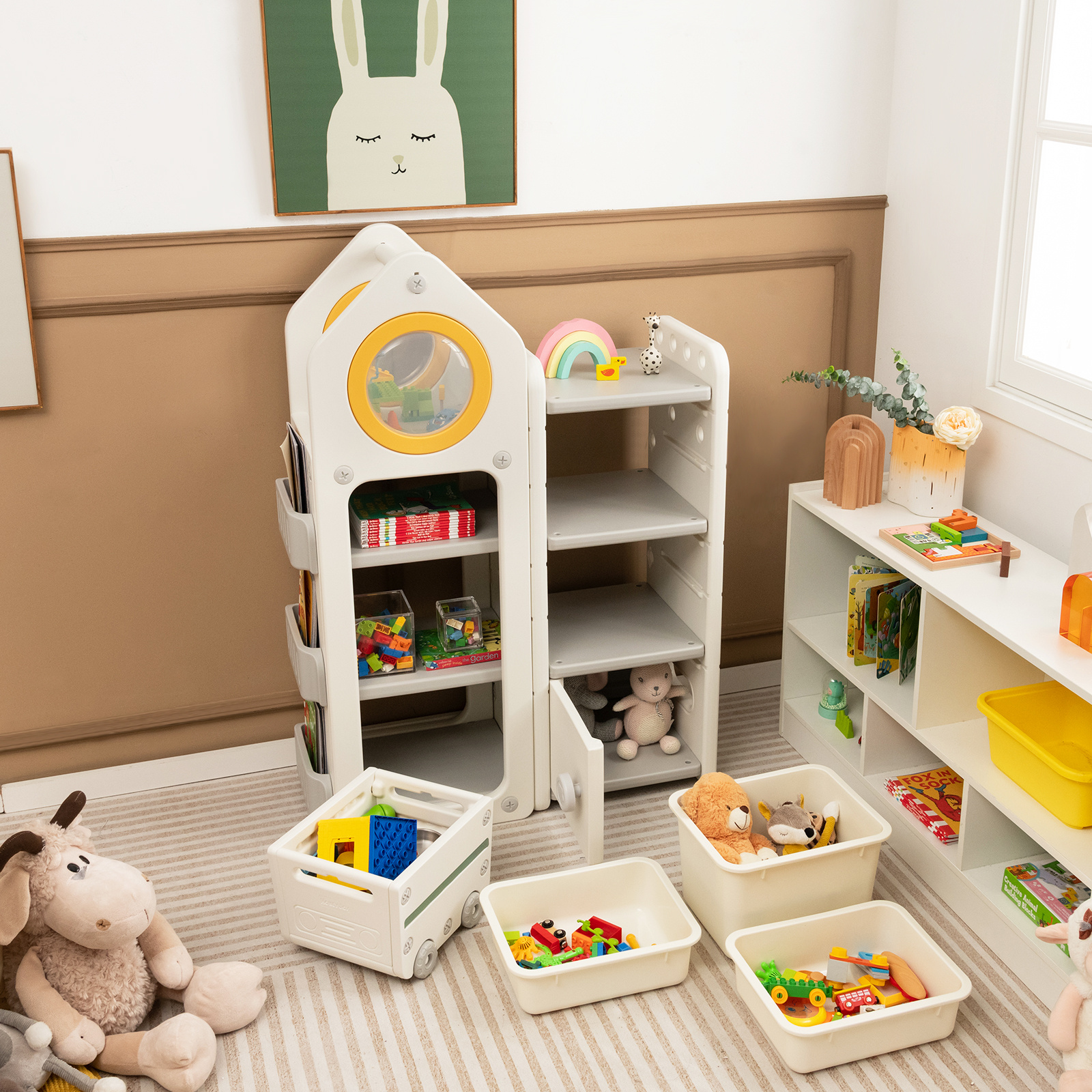 COSTWAY Kids Storage Organizer, Multipurpose Chest and Bookshelf w/ Mobile Trolley, Enclosed Cabinets & Storage Bins, Side Bookshelves, Storage Cabinet w/ Unique Roof