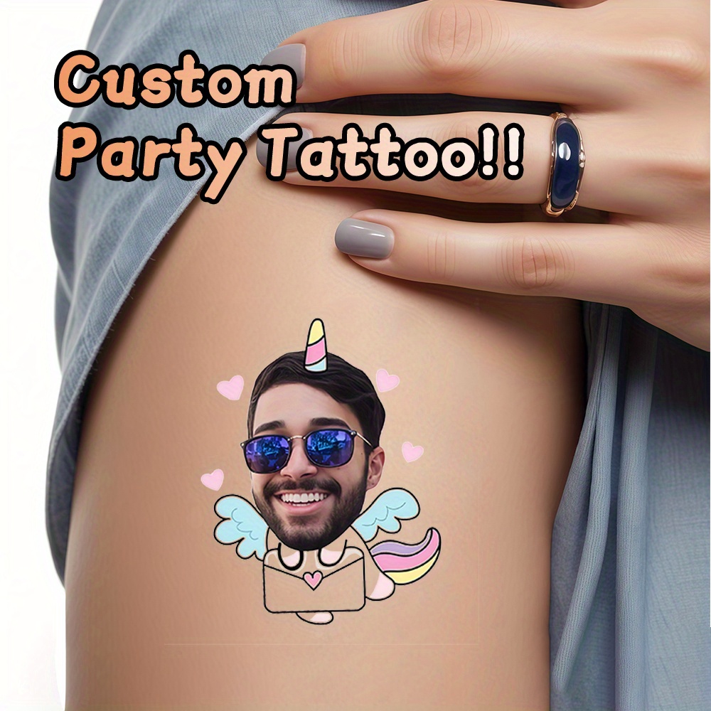 TEMU 16 pezzi Tatuaggi personalizzati con di unicorno e cuore - Adesivi personalizzati per festival, del corpo, forma oblunga, tatuaggi con foto per