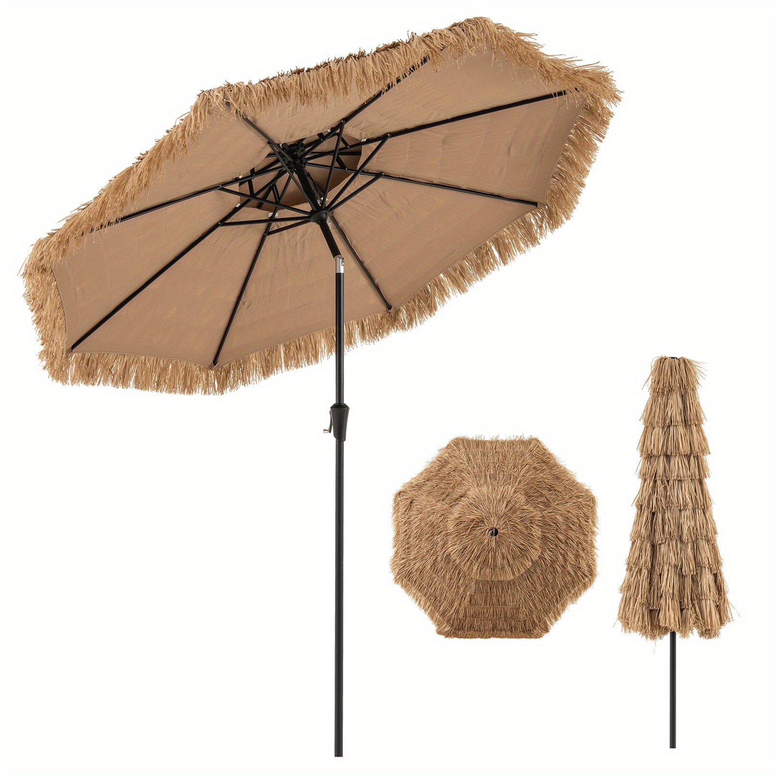 Image of Hawaiian Style Umbrella, Thatched Umbrella W/8 Ribs, Fabric & Artificial Straw, Manual Crank, 35° Tilt, Portable Patio Umbrella For Beach, Backyard, Poolside, Natural