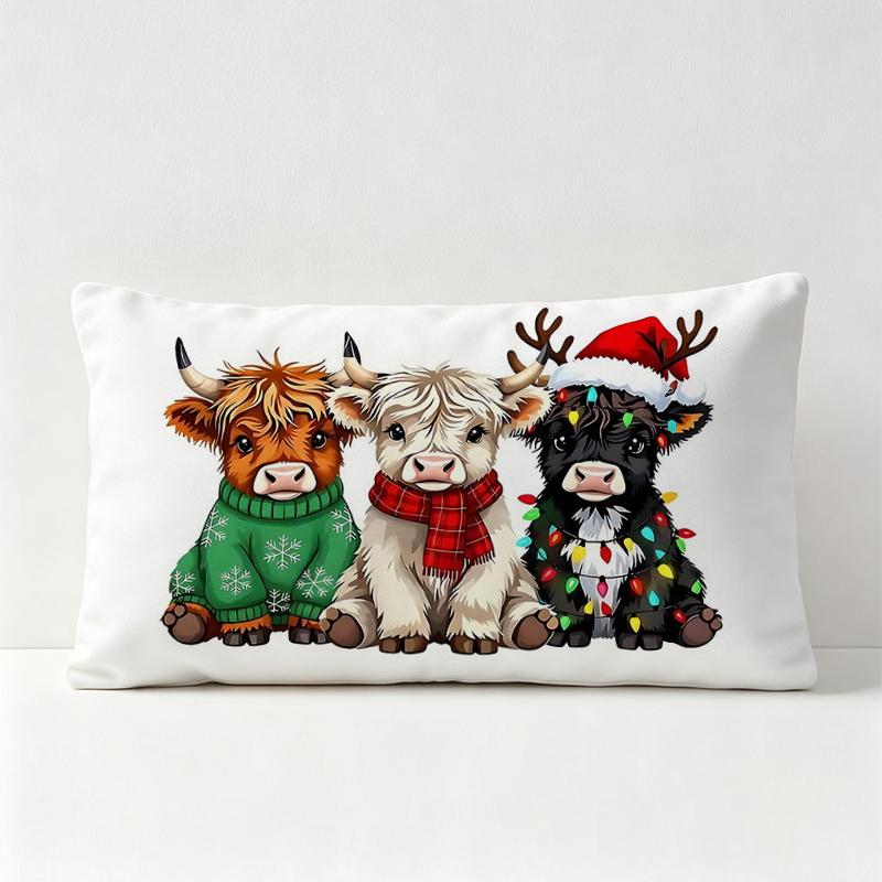 TEMU 1pc Cute Christmas Highland Cow Lumbar Pillow Cover, 12x20in, Winter Farm Animal Theme Cushion Case, Machine Washable, Pillow Insert Not