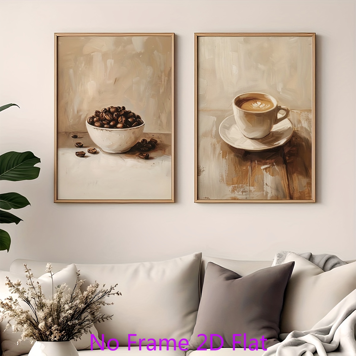 TEMU 2d Flat, 2d Flat, 2pcs 2d Flat Coffee Cup And Coffee Bean Kitchen Print Wall Art Decoration Vintage Canvas Poster Minimalist Neutral Café Decor