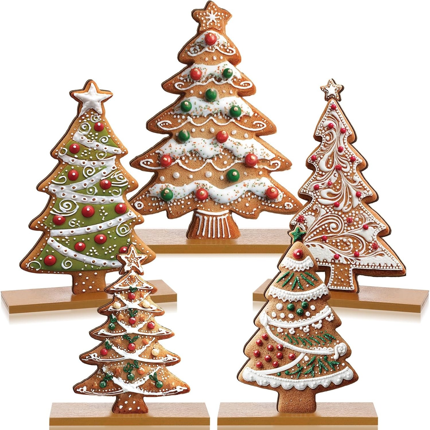 TEMU 5pcs Artificial Gingerbread Christmas Tree Centerpiece With Base - Pre-assembled Table Decor, Tiered Tray Decorations Suitable For Home, Kitchen, Shelf - Durable & Easy Assembly