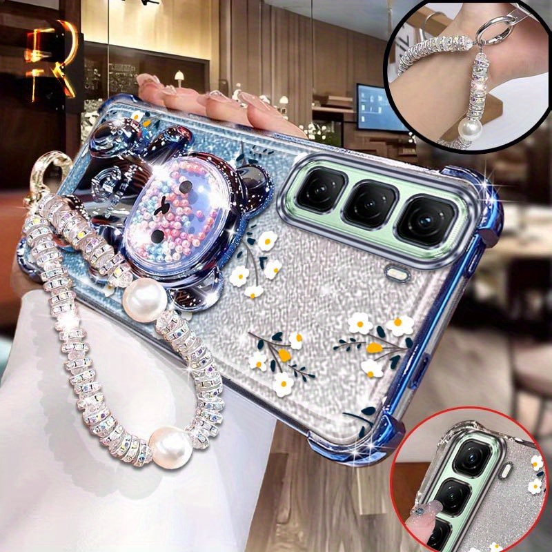 TEMU Sturdy Hot 50 Pro  4g Phone Covers With A Pleasant Texture, Designed With A Pattern Of White Flowers And A Rabbit, Complete With A Beaded