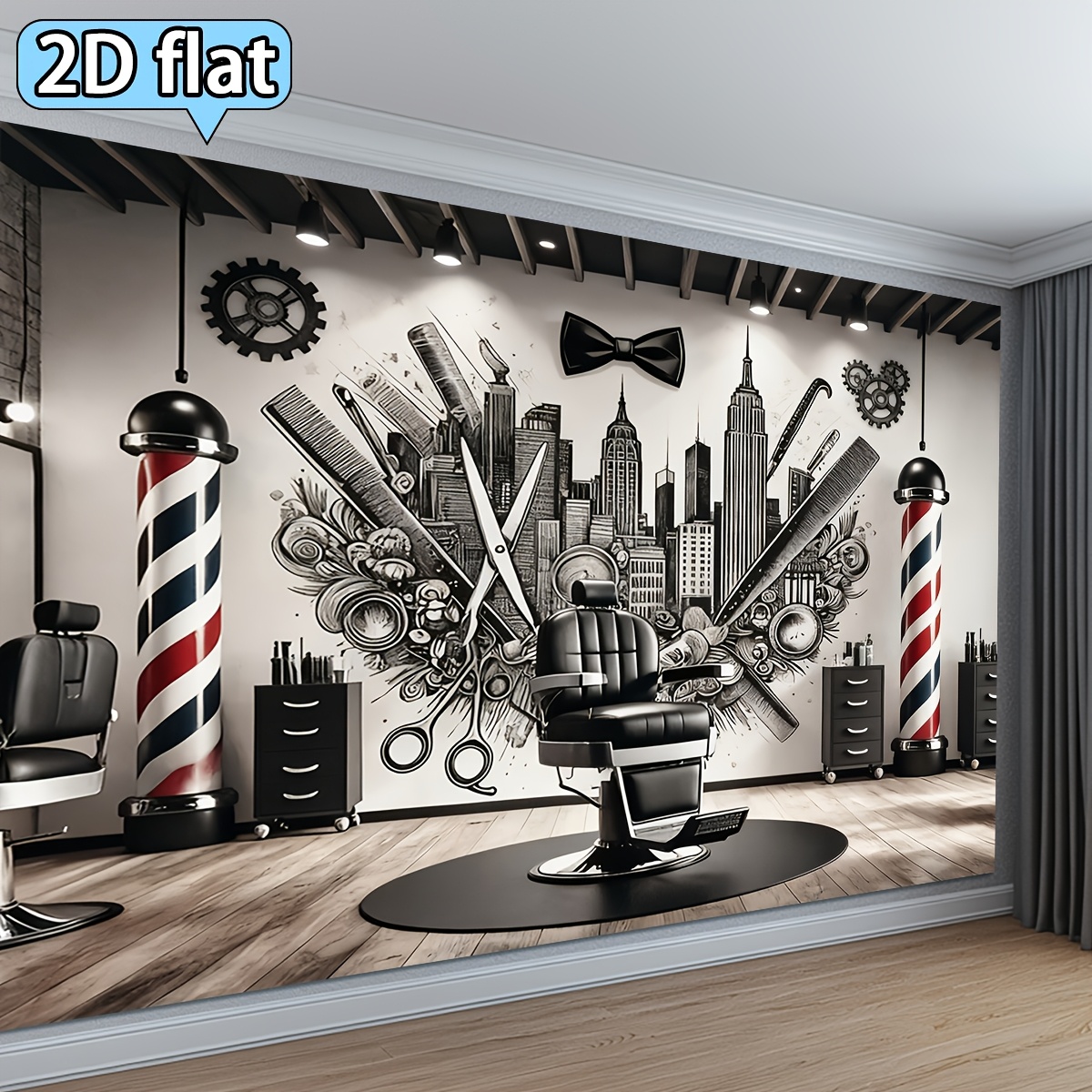 TEMU 2d Flat, 2d Flat - 2d Flat, 1pc Shop Wall Backdrop - Horizontal Retro Barber Pole & Tools Banner Backdrop Suitable For Decor, Salon Decoration,
