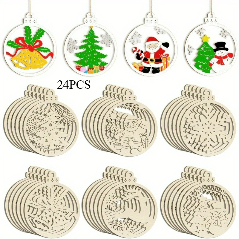 TEMU 24pcs Wood Diy Unfinished Wooden Christmas Ornaments - Pre-cut Hollow Shapes (reindeer, Santa, Snowman, Snowflake) For - Tree Decorations