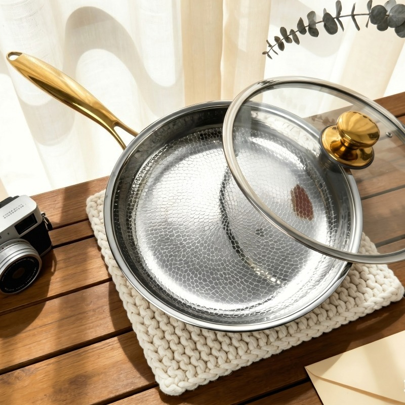 Image of 11-inch Titanium Frying Pan With Lid, Upgraded Golden Handle, Healthy Physical Titanium Steel For Daily Cooking, 2 Styles
