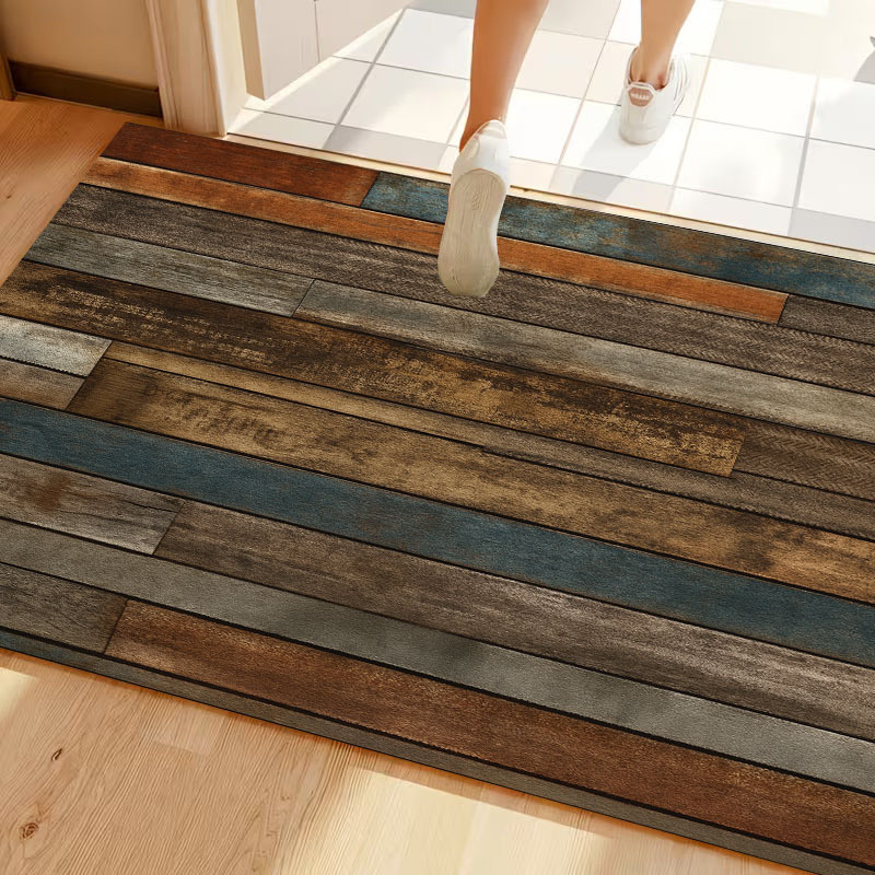 TEMU Vintage Distressed Wood Grain Rectangular Floor Mat, Made Of Polyester Fiber, Non-slip, Water-absorbent, And Easy To Clean. Wear-resistant,, And