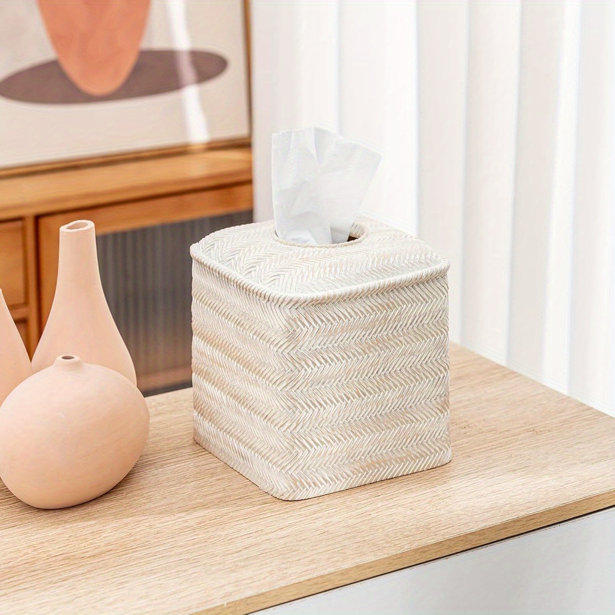 hand carved wicker tissue box cover square resin holder with textured   3 x 5 3 x 5 9 inches farmhouse style for home decor bathroom living room bathroom decor and accessories decorative tissue holder natural   Product details 0