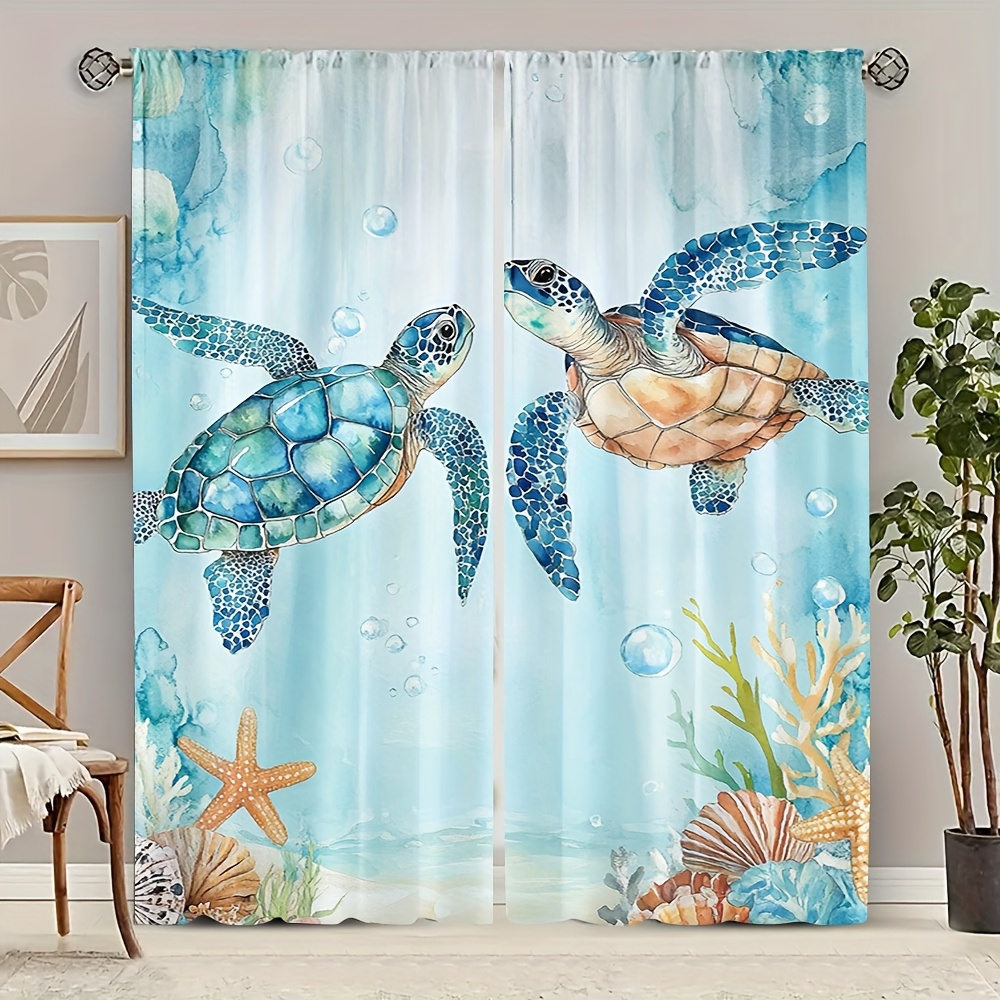 TEMU 2d Flat, 2pcs Room Curtains 2d Flat Printing Turtle Curtains Turtle Curtains Ocean Curtains Underwater Multi- Curtains Suitable For Bedroom