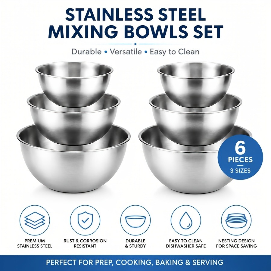 TEMU 6pcs Stainless Steel Salad Bowl, Mixing Bowl, Sturdy And Durable, Convenient Storage, Suitable For Cooking, Baking, Mixing Or Storing Food, Very