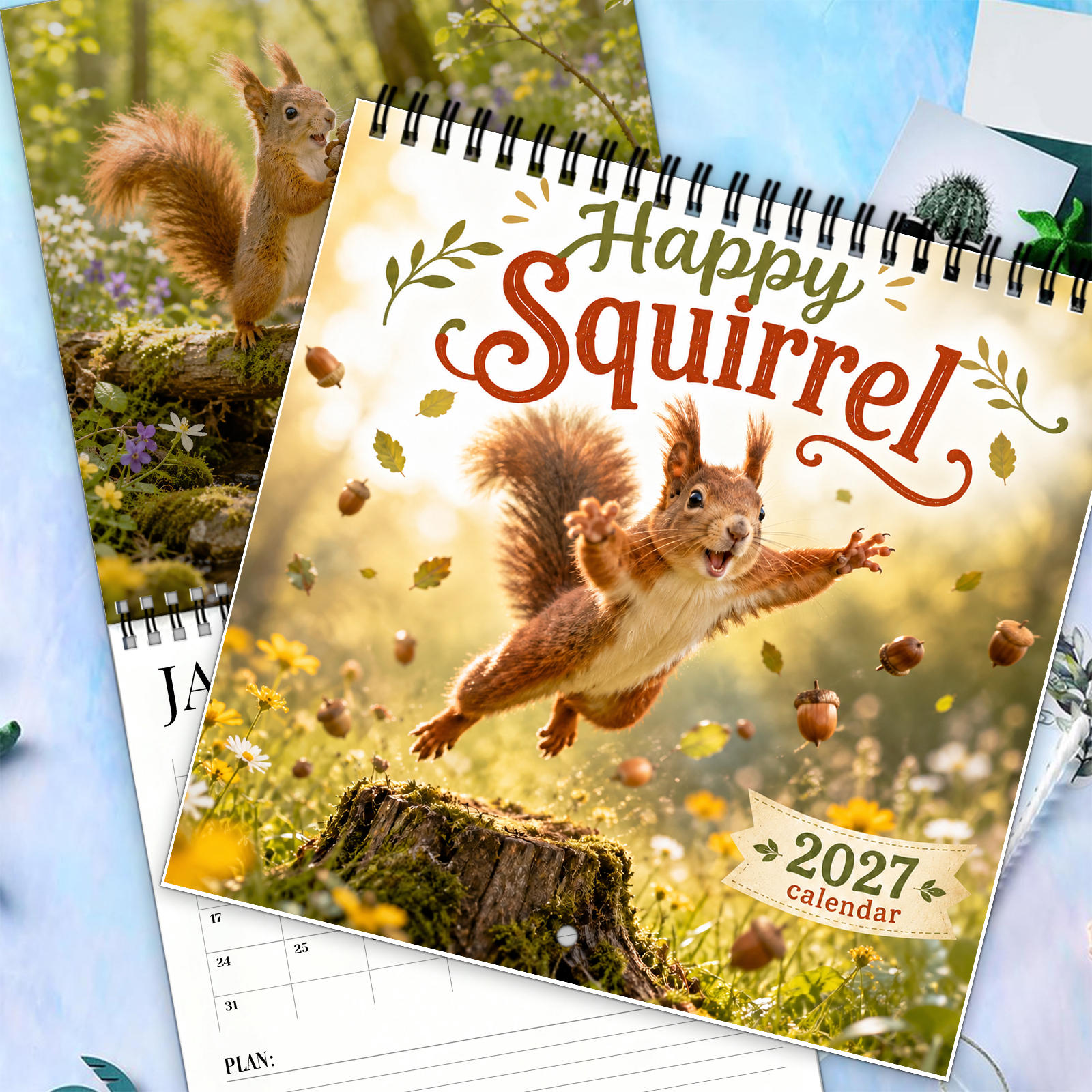 TEMU 1pc Calendrier Écureuil 2027, pour Photographie d'Animaux avec , Rouge, Baie, -, Motif de Neige, à Double Ligne, Convient pour la Décoration de
