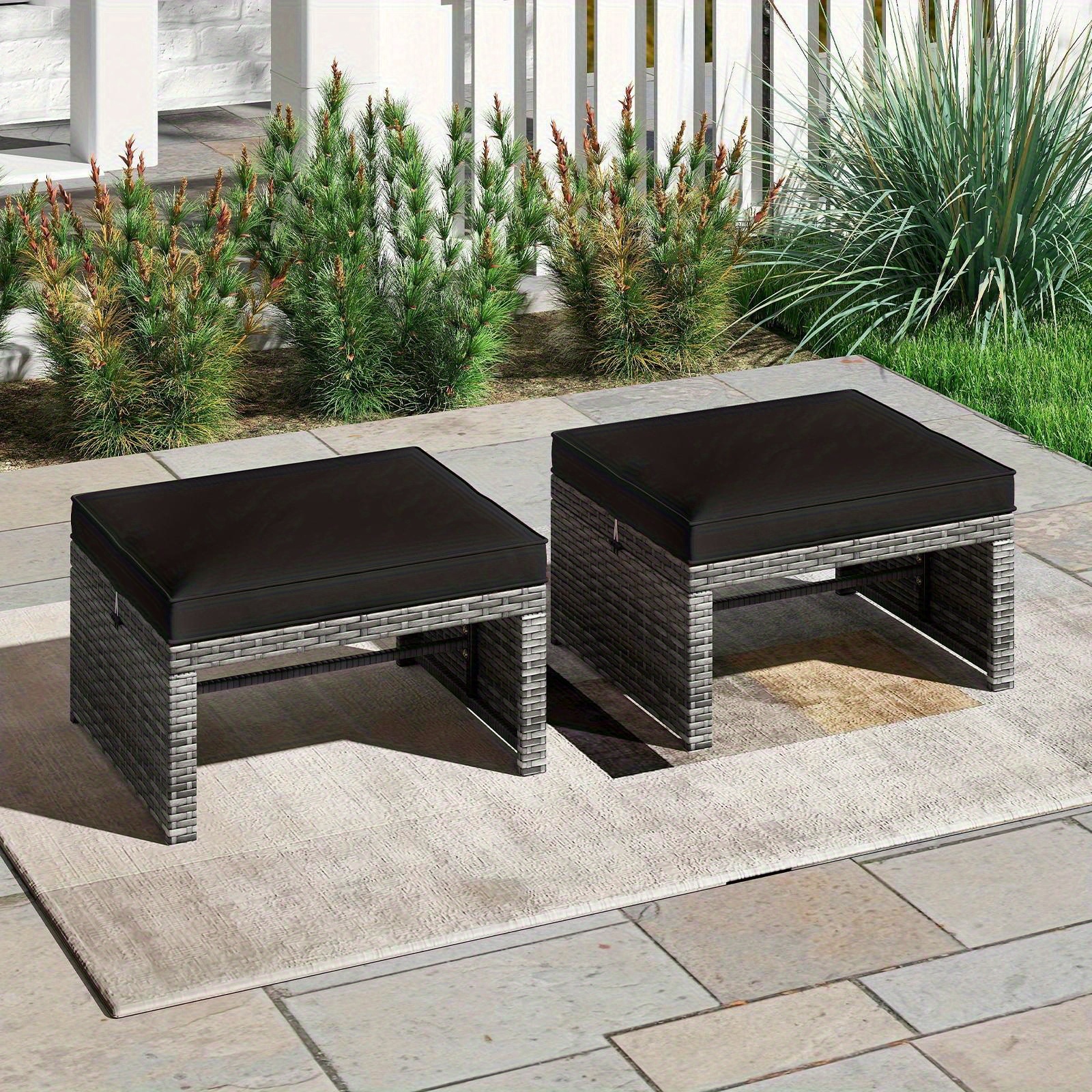TEMU Costzon Patio Ottomans Set Of 2 Pe Rattan Footstools W/ Removable Cushions & Metal Frame.