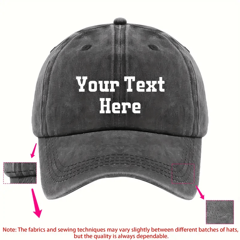 TEMU Personalized Text Washed Fabric Baseball , Unisex Adjustable Head Brim Hat, Summer Casual Sun Hat
