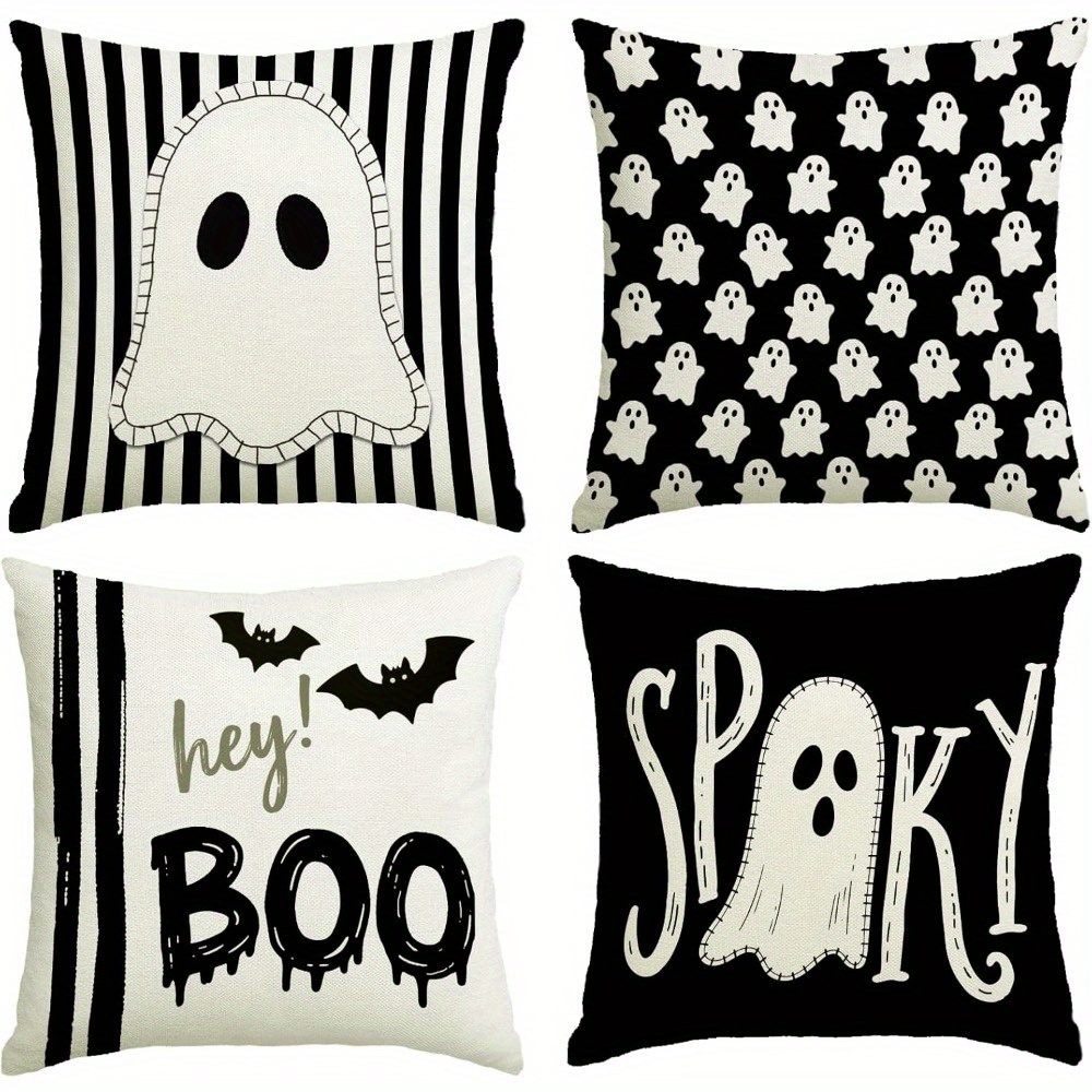 Image of 2d Flat - Set Of 4 Halloween-themed Pillow Covers Measuring 18x18 Inches, Featuring A Cute Spooky Design With Black Stripes, Perfect For Decorating Your Home, Sofa, Couch, Or Bed For The Holiday