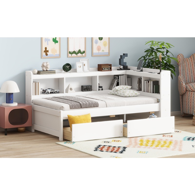 Twin Size L-Shaped Bookcase Bed with Bookshelf Headboard & Two Drawers - Space-Saving Storage Bed Frame, Modern Suitable for Small Rooms, Dorms, Apartments, No Assembly Required (No Wood)