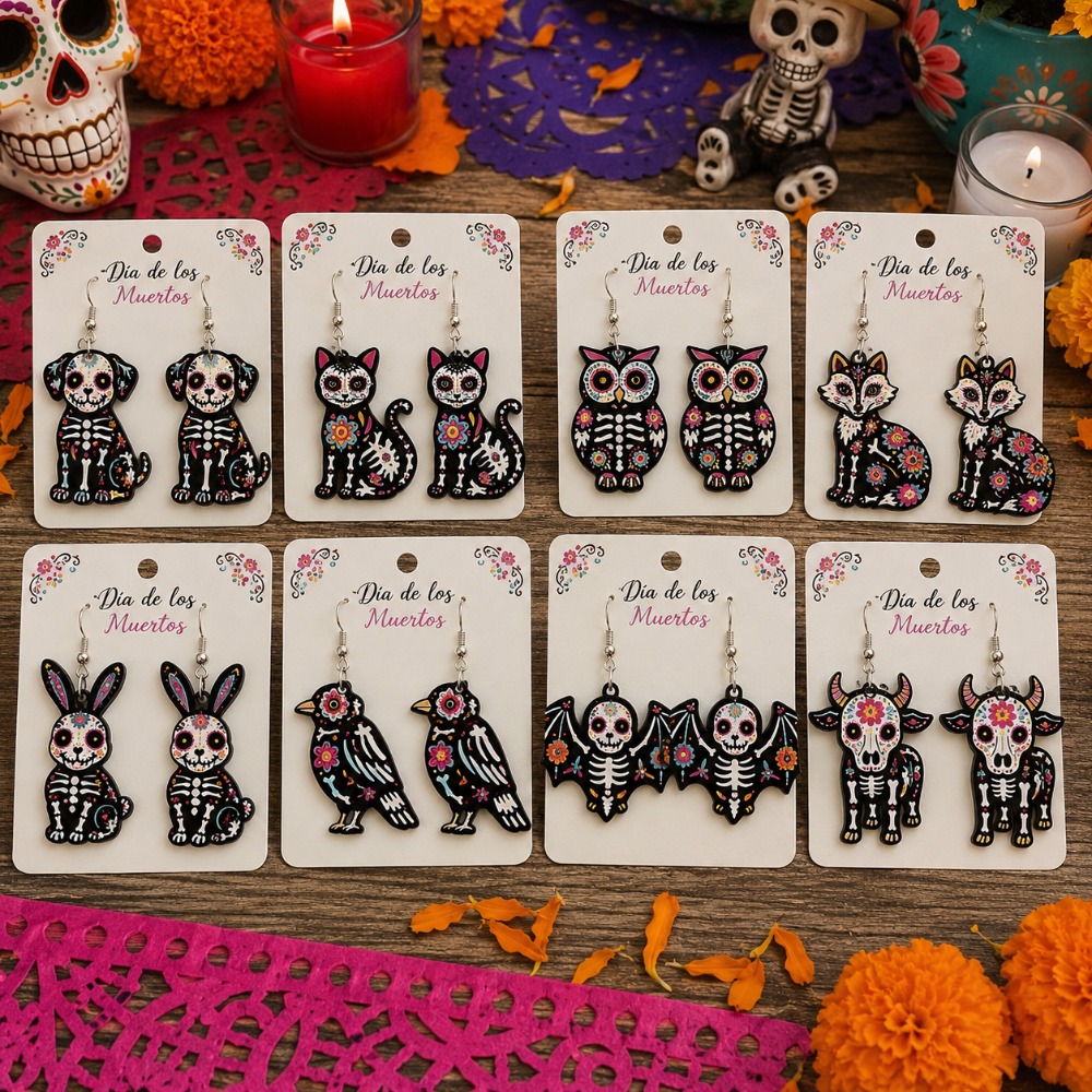 TEMU 16pcs/8-pair Women's Earring Set, Featuring Designs Including Skull Cat, Dog, Rabbit, Owl, Crow, Fox, Highland Cow, Bat, And Colorful Flowers. A