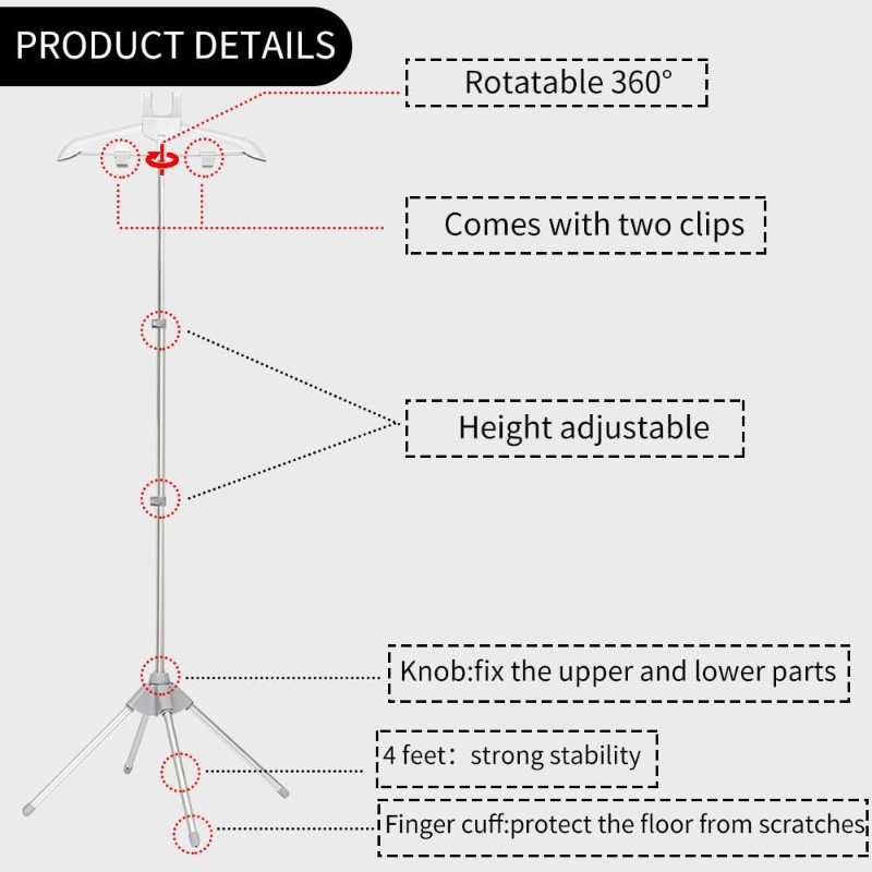 adjustable foldable garment steamer stand with 2 clips freestanding ironing rack for bedroom closet no power needed details 2