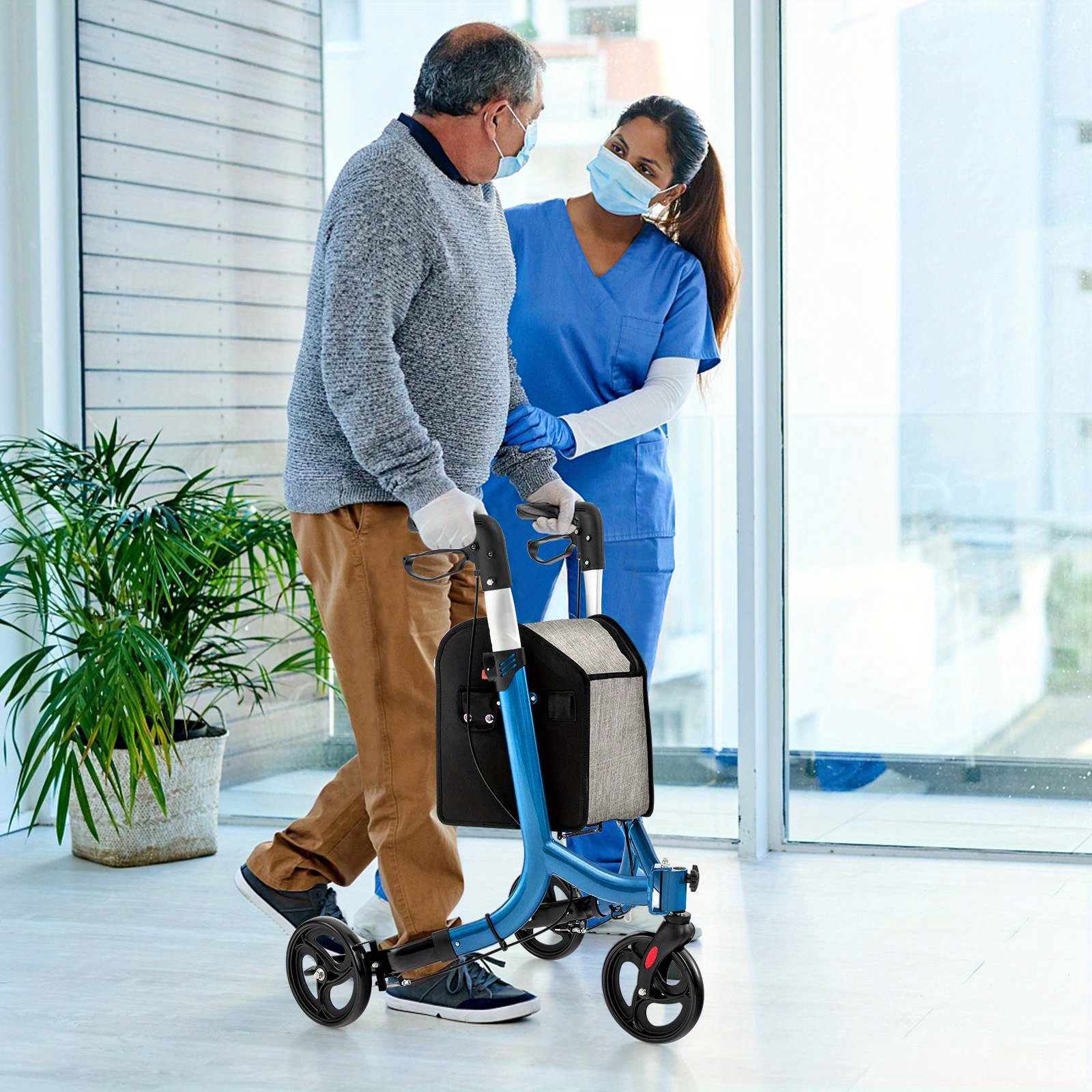 TANGKULA Heavy-Duty Foldable 3-Wheel Rollator Walker with Locking Brake System, 6-Level Adjustable Handle, Lightweight Aluminum Frame & Large Wheels - Portable Rolling Walker with Zippered Storage Bag for,, Home, Nursing Homes - Supports 300 lbs (136kg) - Blue, Foldable Walker for Seniors, Walker with Wheels And Seat, Walker for Seniors with Wheels, Mobility Walker for Plus Size Seniors, Seated Walker Plus Size - Image 3