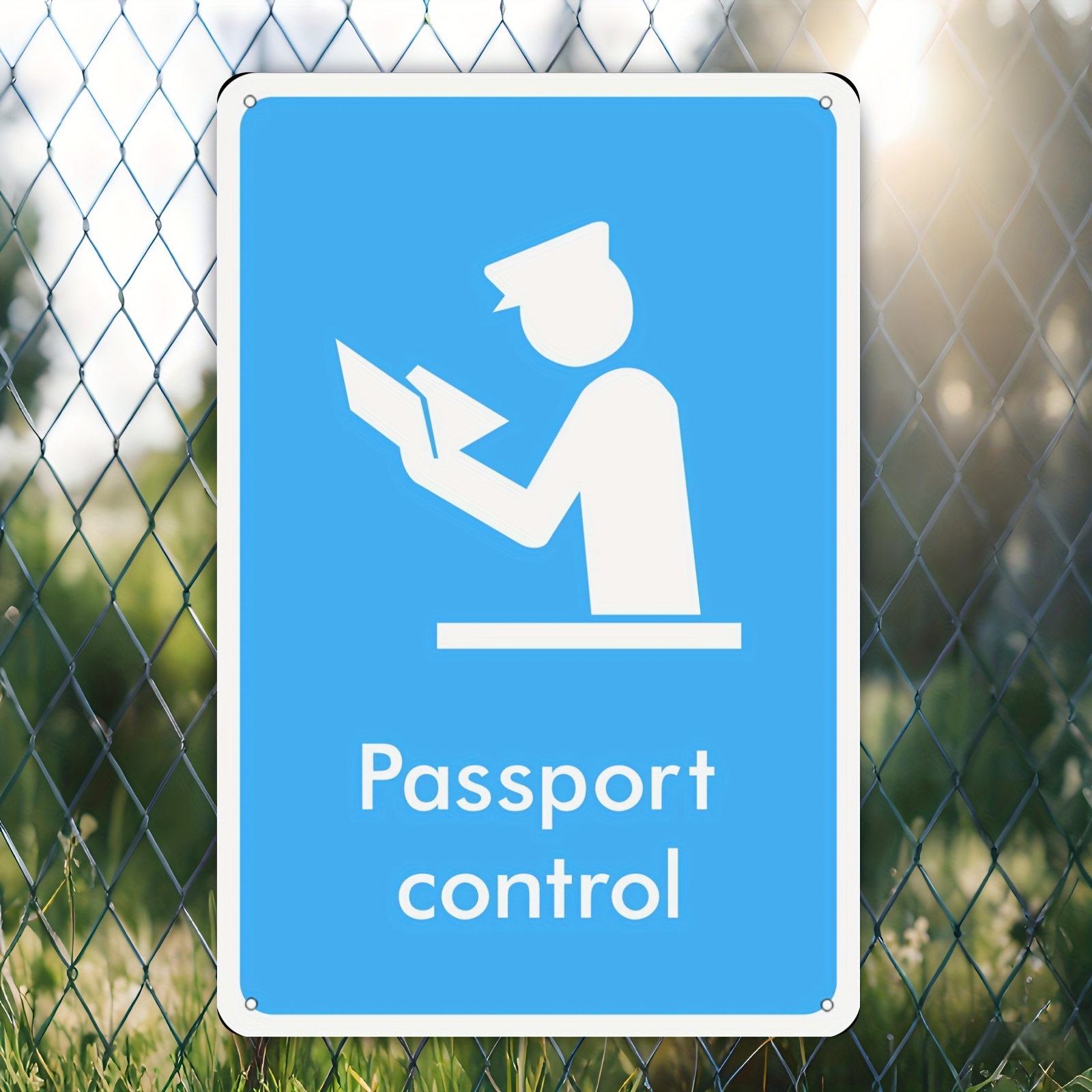 TEMU 2d Flat, 1pc Passport Control Sign Metal Wall Art - Security Checkpoint Decoration With Passport Stamp & Officer Design, 20.32x30.48cm
