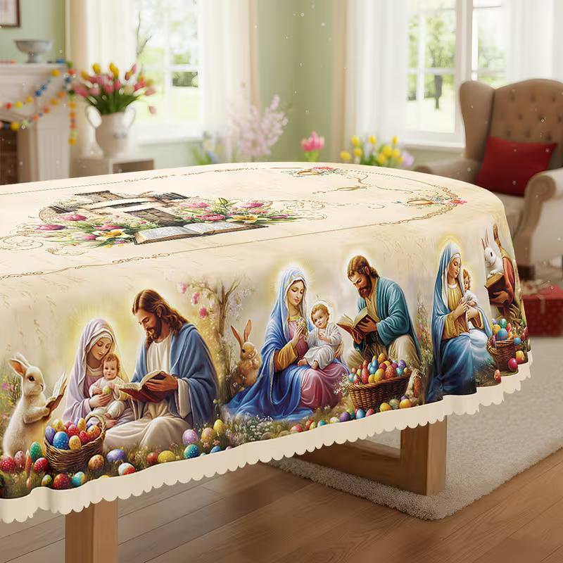item picture 1pc easter themed party tablecloth vintage rabbit nativity scene colored eggs floral printed design embossed edge polyester suitable for indoor outdoor dining picnic dinner dining room decoration