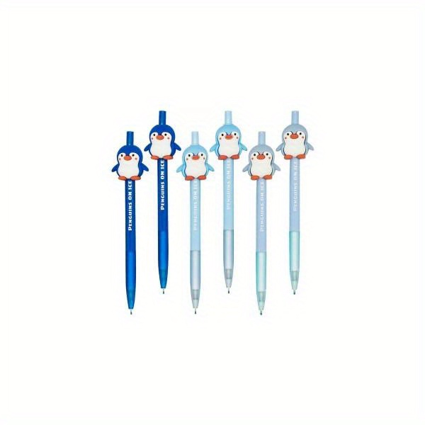 6pcs retractable pens with cute penguin design - black ink, durable metal construction,    , school, office, and party favors, penguin gifts, school stationery,   design, metallic   Product details 1