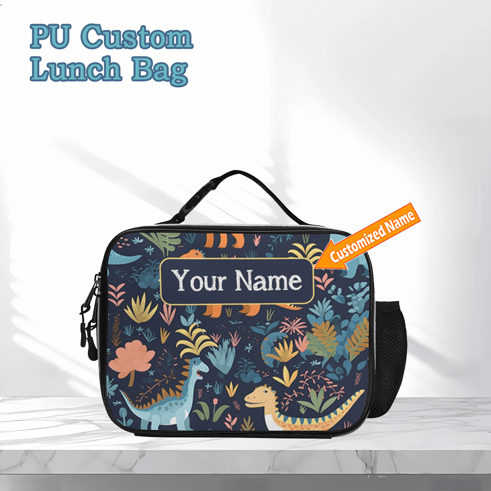 TEMU 1pc Custom Name Pu Lunch Bag, Takeaway Food Holder, Portable Lunch Carrier, Bento Bag, Easy To Clean, Double Zipper, Side Pockets, Fun Dinosaur
