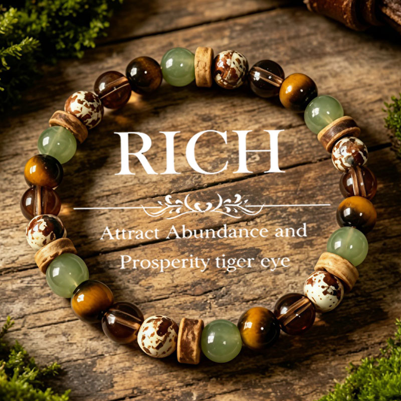 Image of 1pc Handmade Bohemian Natural Bead Bracelet With Tiger Eye Beads, Smooth Green Agate & Wooden Spacers - Elastic Stretch Suitable For , For - Wear, Gifts, Christmas, For Camping, Office, Daily